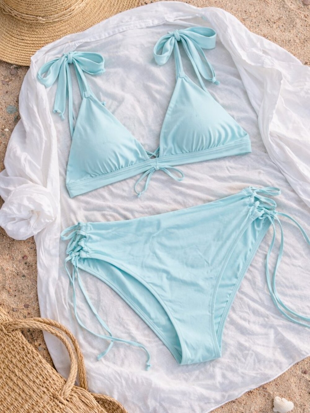 La Vie en Rose Aqua Turquoise Lace Up Bikini and Bottom SET Size M Coastal Beach